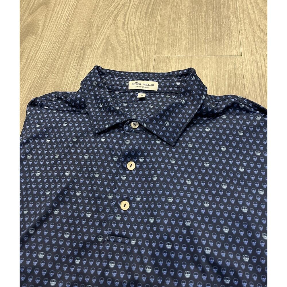 Peter Millar Polo Golf Shirt XL Blue Seeing Double Skulls Print Wichita Open AOP